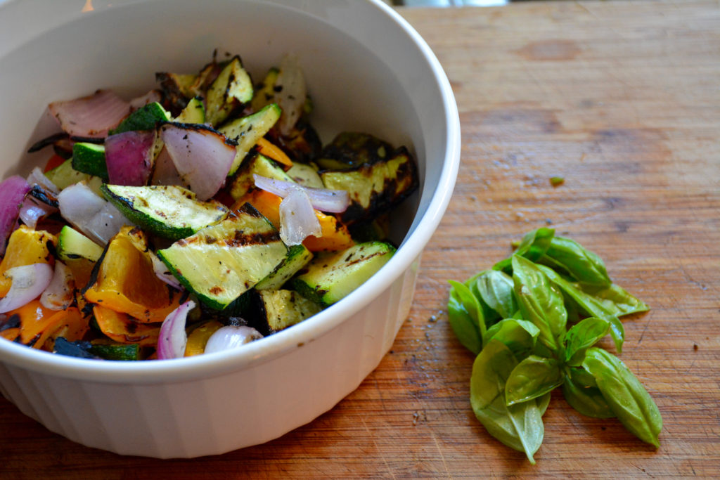 grilled zucchini, red onion, orange bell pepper