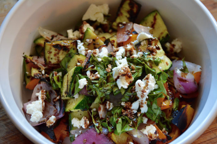 grilled vegatables with feta cheese, fresh basil and aged balsamic vinegar